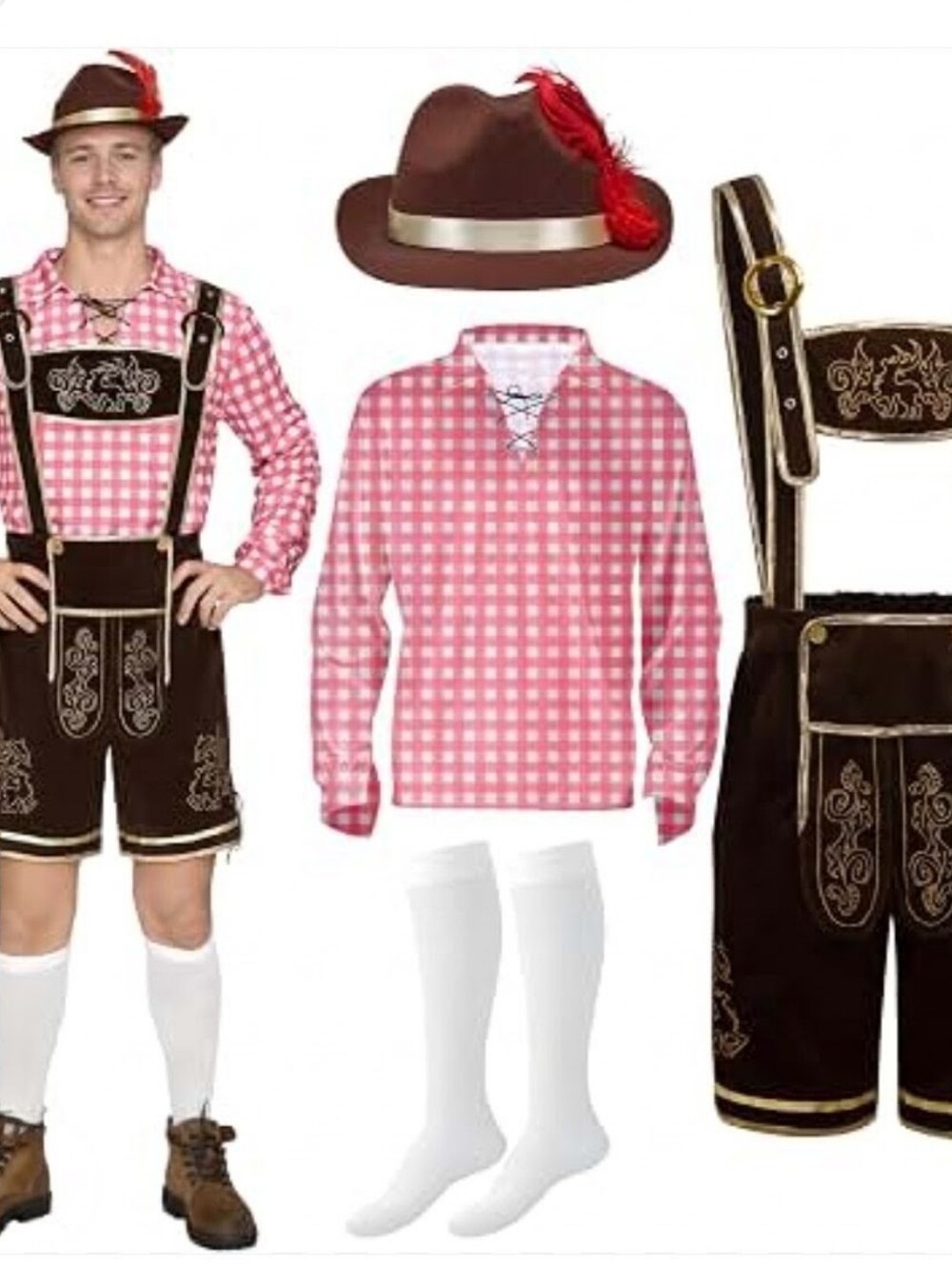 Men Lederhosen Oktoberfest Outfit Costume, Red